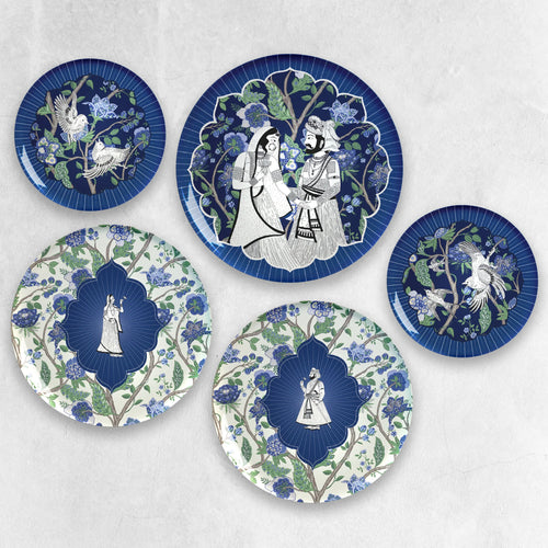 Set of decorative wall plates set with floral backgorund in blue & white