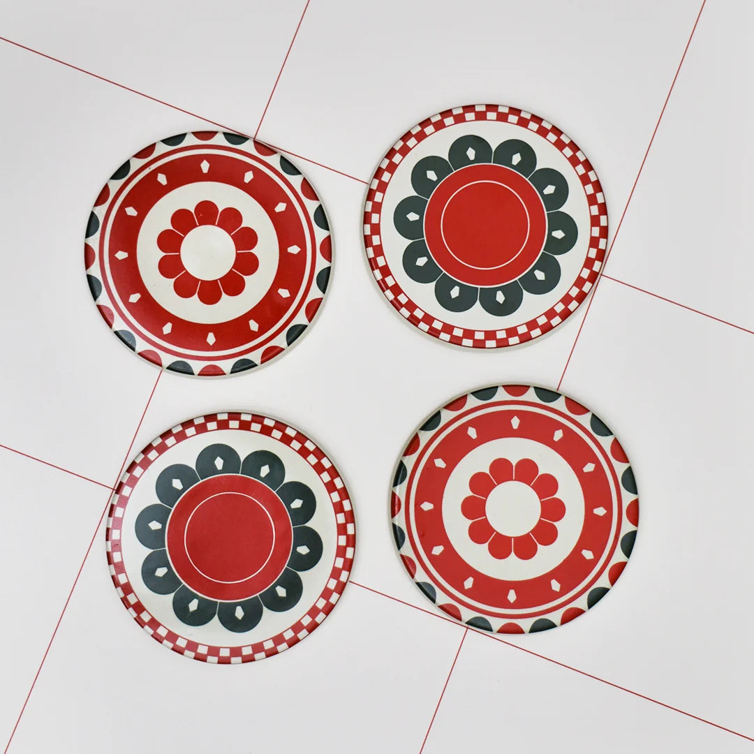 Red & green flower patterned ceramic beverage coasters | Top View