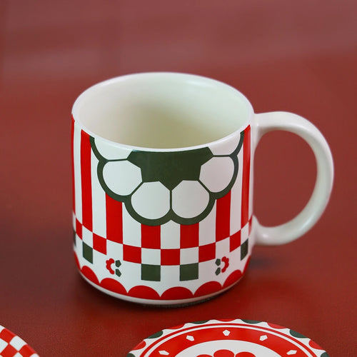 Dark green flower and red checkered ceramic mug | Side view