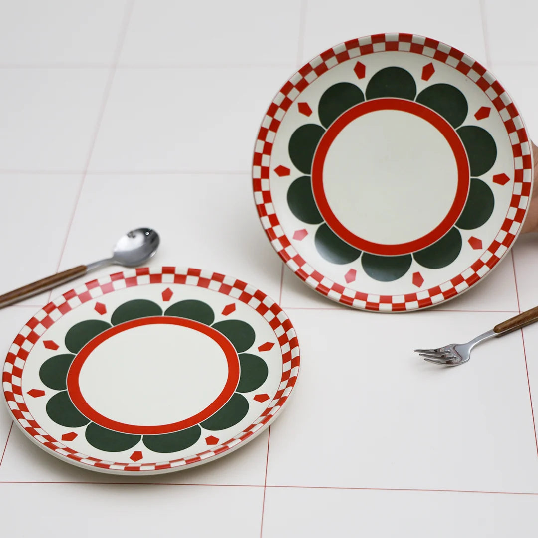 Red and green flower designed snack plate set