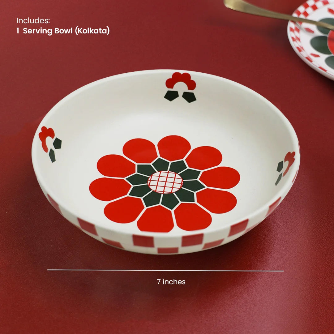 Red and green flower inspired cerammic serving bowl | ceramic dinner set