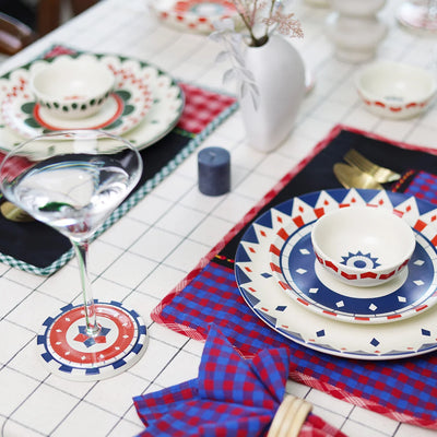 Dinner plate and ceramic dip bowl and pasta plates in blue, red and green with coasters | Side View | ceramic dinner sets