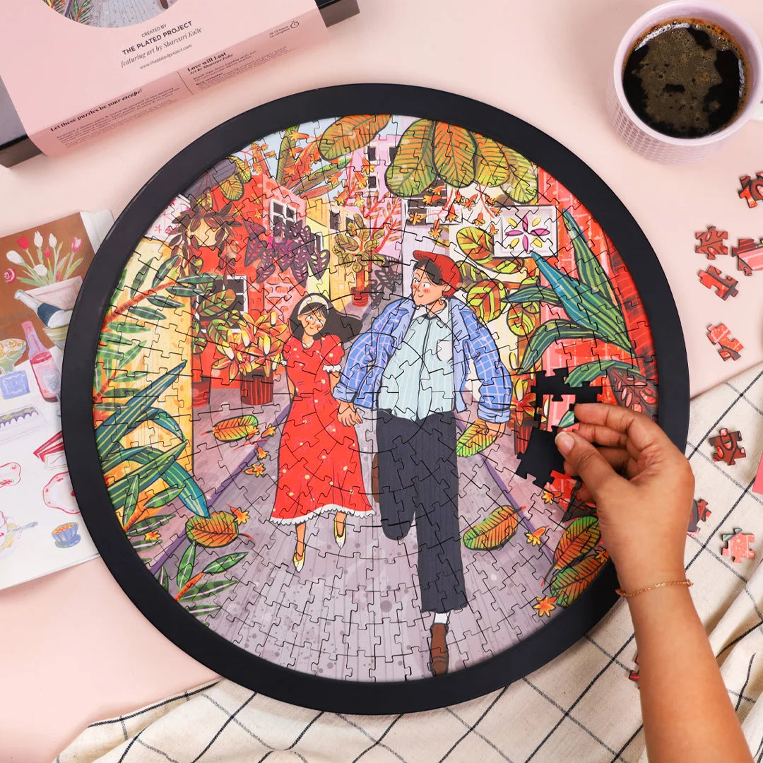 Circular puzzle artwork with a hand placing the pieces| home decor goods