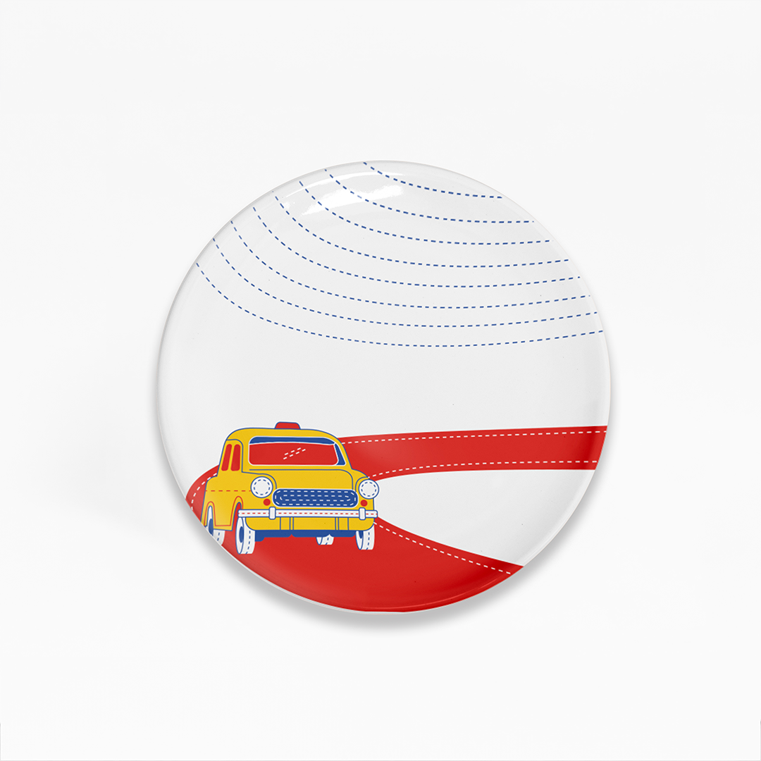 A yellow cab on a red path snack plate designed in Kantha Stitch pattern | ceramic plate set