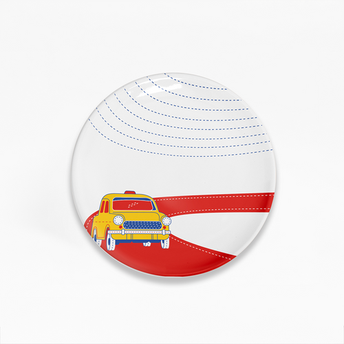 A yellow cab on a red path snack plate designed in Kantha Stitch pattern | ceramic plate set