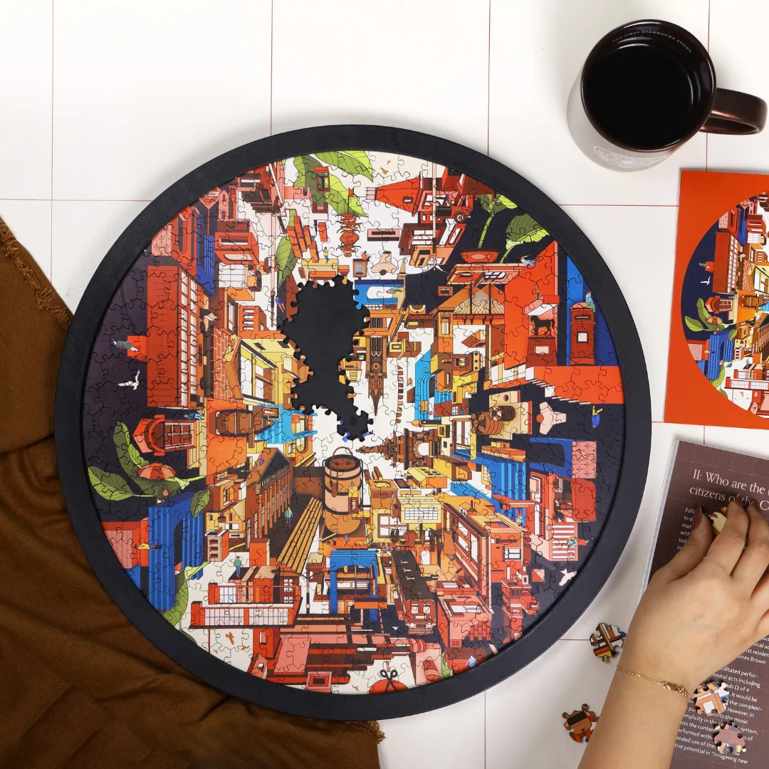 Jigsaw puzzle with a colorful cityscape design on a round fraame
