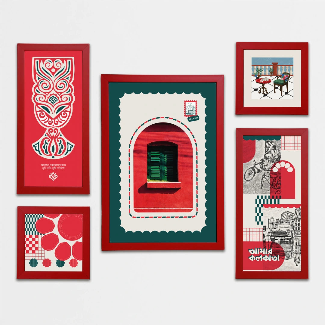 A red & green gallery art set inspired by Kolkata | home decorative items