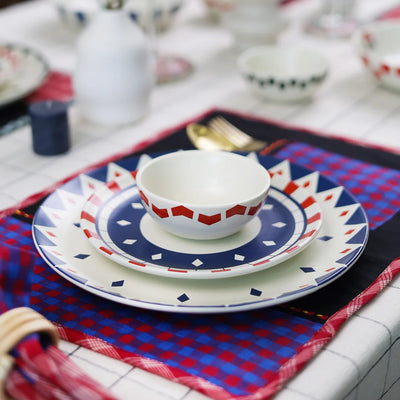 Dinner plate and ceramic dip bowl and pasta plates in blue and red with coasters | Side View | ceramic dinner sets