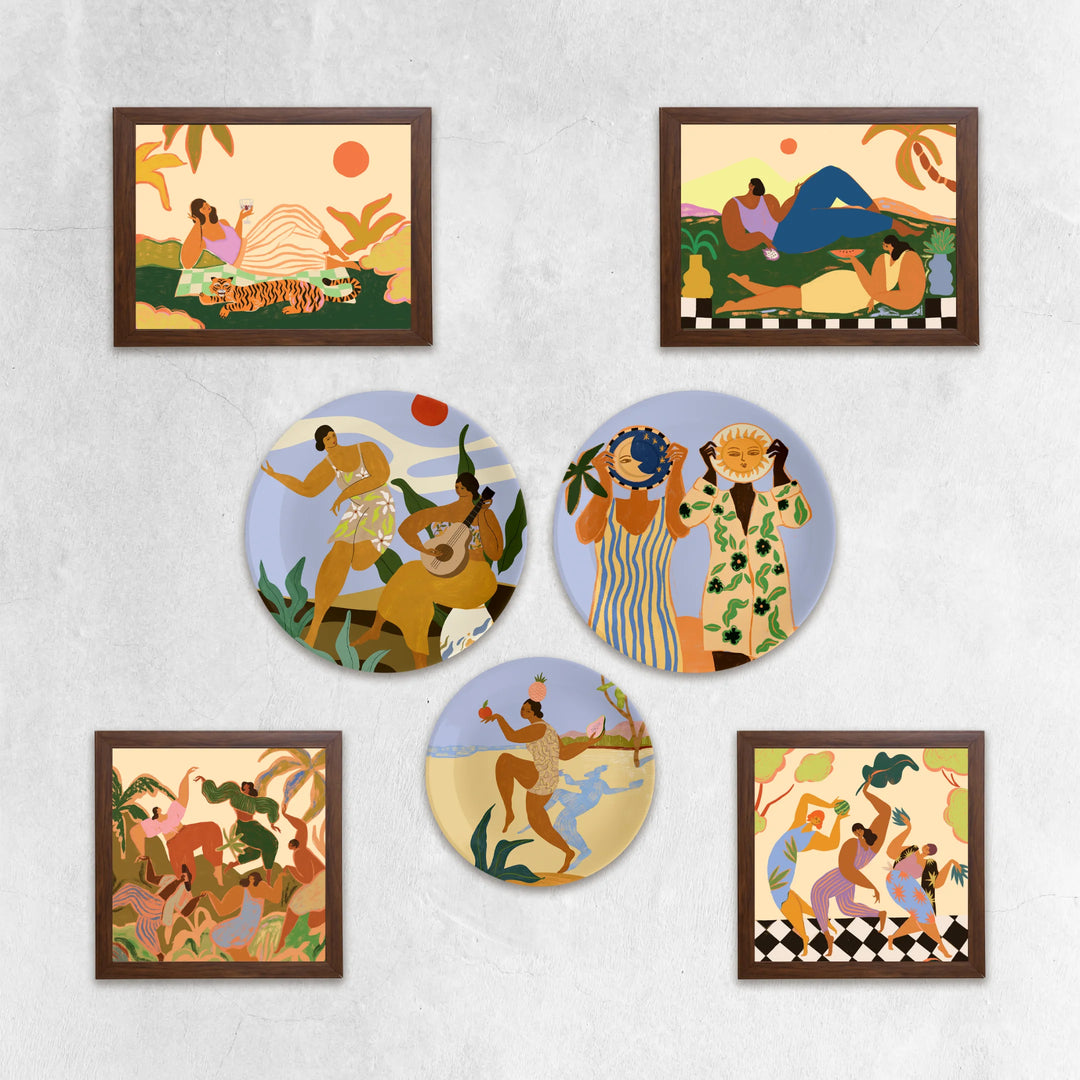 Set of decorative plates and metal wall art - sunny, beach day themed for large curated wall decor