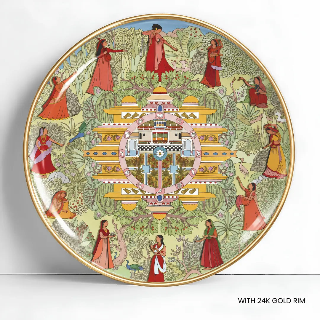 Twelve Moods of Kangra | 24K Gold Rim Ceramic Decor Plate | 10"