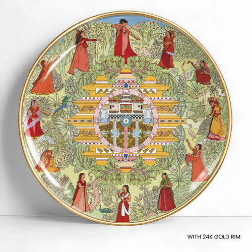 Twelve Moods of Kangra | 24K Gold Rim Ceramic Decor Plate | 10"
