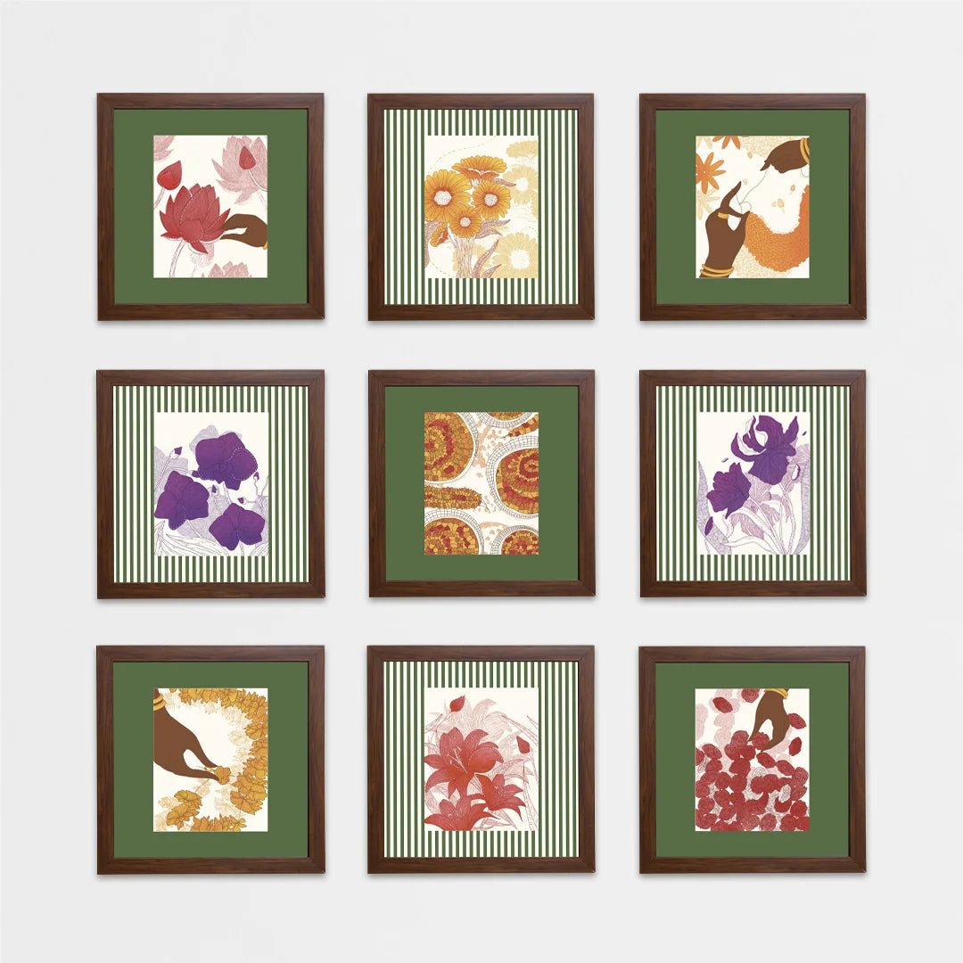 Featuring a set of 9 framed artworks showing flowers | home decor goods