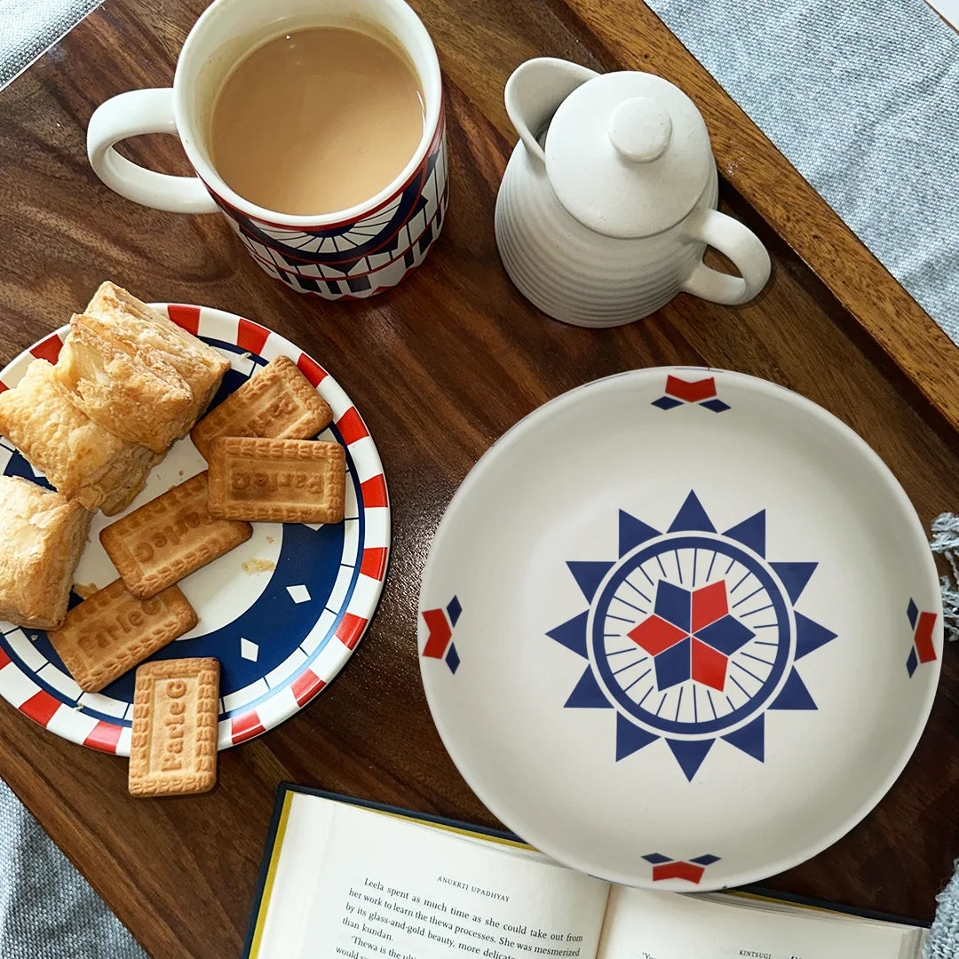 Red and blue geometric designed ceramic dinnerware set