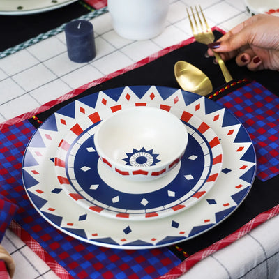 Ceramic bowls with the snack plates , dinner plate set and the red & blue checkered table linen 