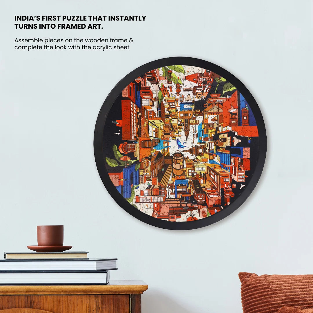 Circular framed puzzle art for adults on a wall - perfect luxury diwali gifts for work friends 