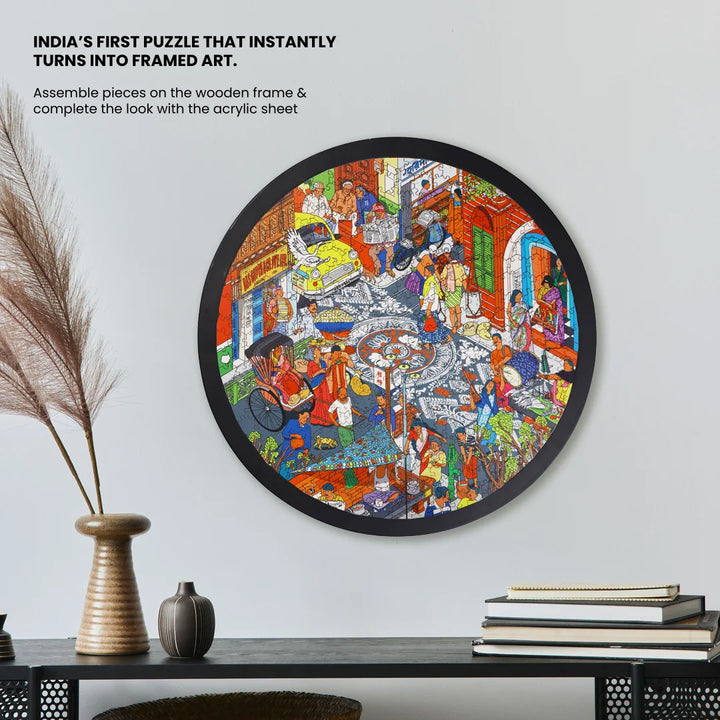 Round framed puzzle on a wall 