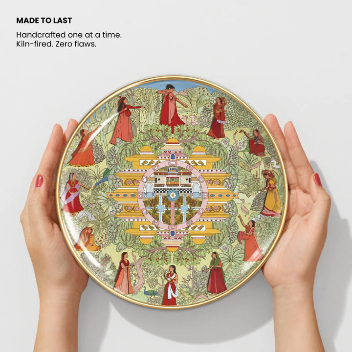 Twelve Moods of Kangra | 24K Gold Rim Ceramic Decor Plate | 10"