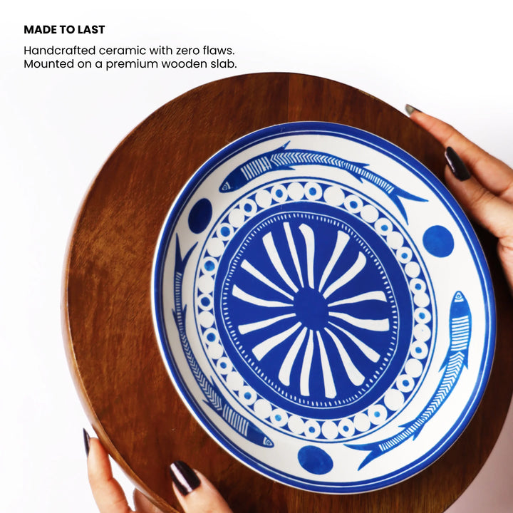 Handcrafted ceramic plate mounted on a wooden base - modern decorative wall plates