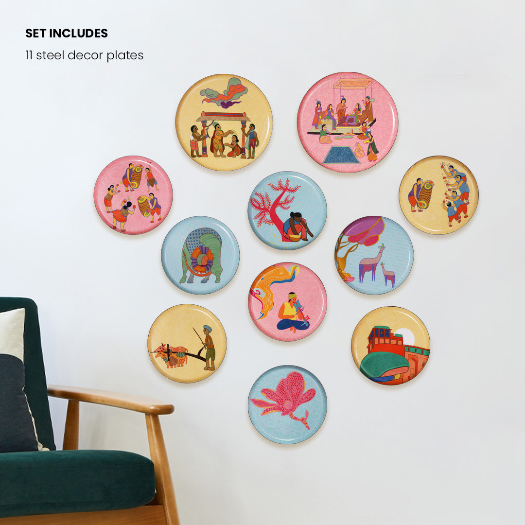 the set of 11 colourful Gond inspired plates | home decorative items