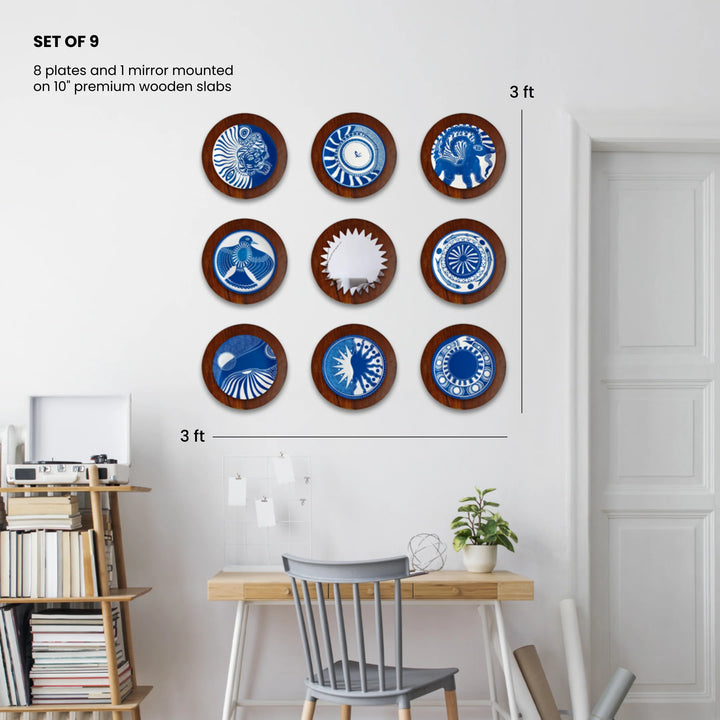 Set of 9 decorative plates and mirror on a wall - perfect living room wall decor