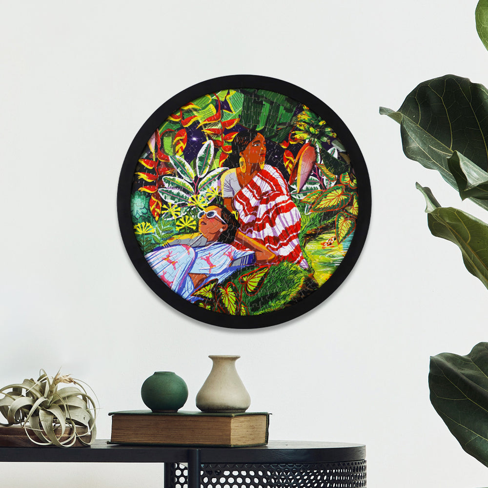 Circular Puzzle with artwork of two women in the garden against a white wall | home decorative items