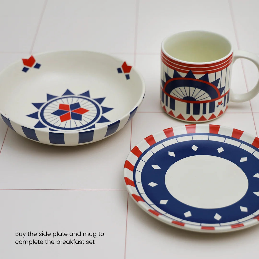 A coomplete breakfast set for Mumbaikars with a cereal bowl, side plate and ceramic mugs