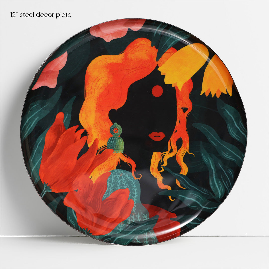 Close up of 12 inch plate with woman's face | home decor goods