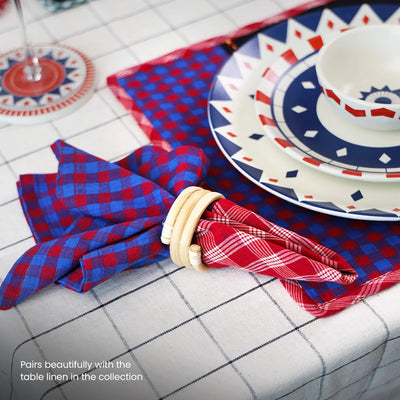 Ceramic dinner set paired with red & blue checkered napkin and table mat