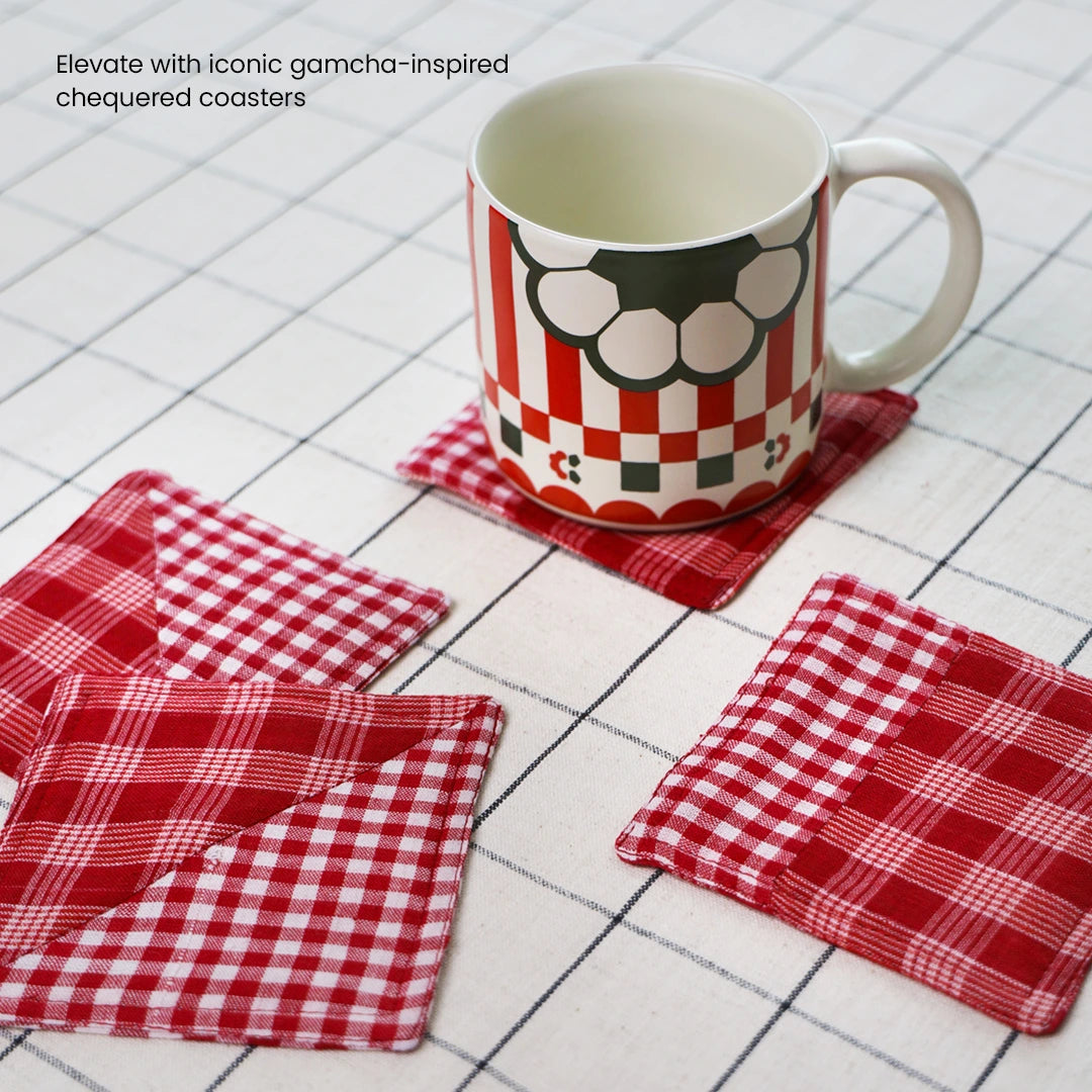 Ceramic mugs paired with gamcha design inspired cloth coasters