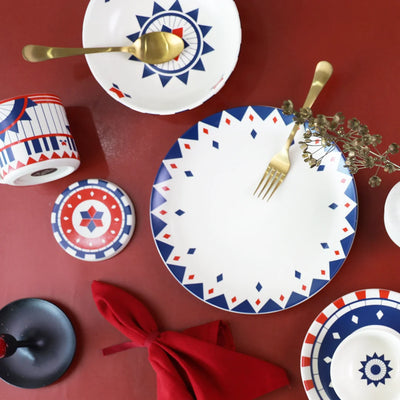 A complete ceramic dinnerware set with Mumbai inspired 