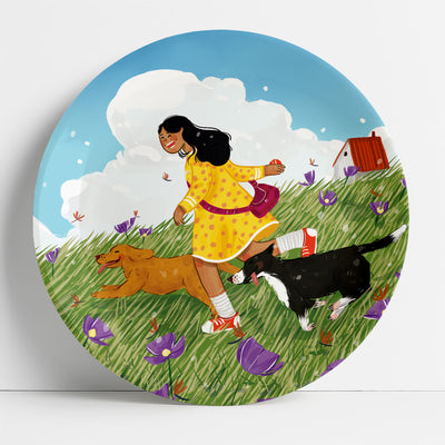 Girl running with her dogs | home decor goods