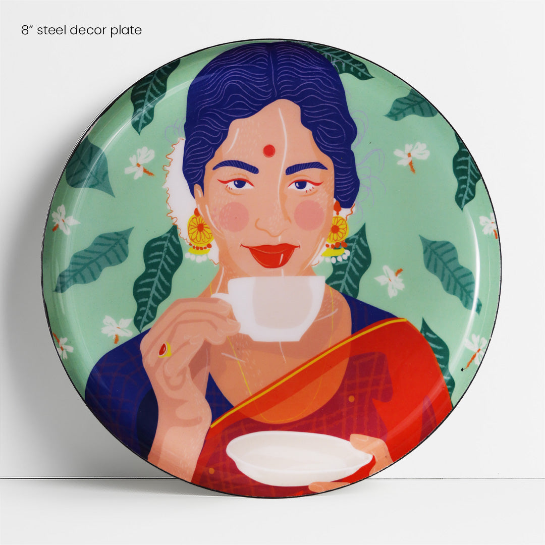 Close up of 8 inch plate with a woman drinking tea | home decor goods