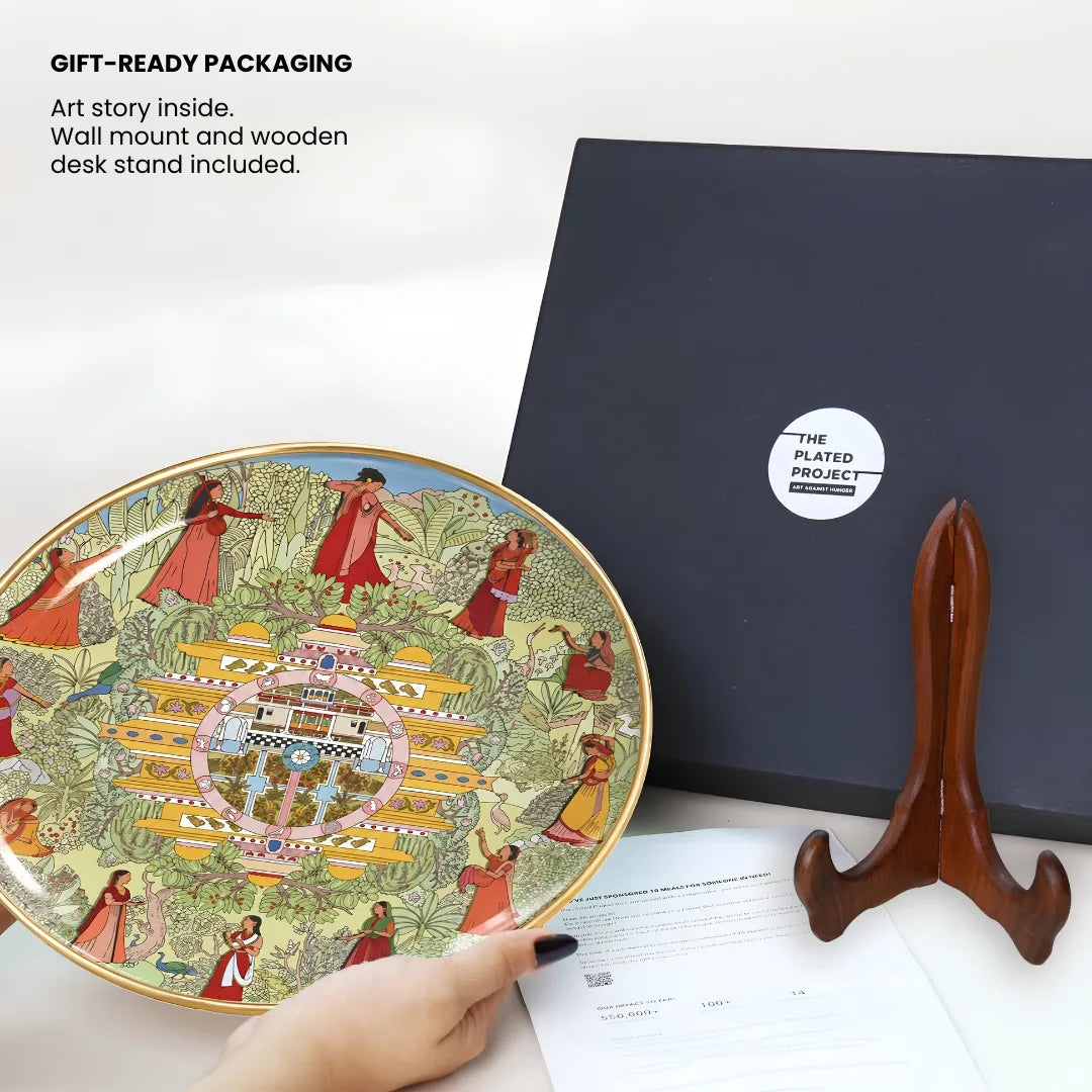 Twelve Moods of Kangra | 24K Gold Rim Ceramic Decor Plate | 10"