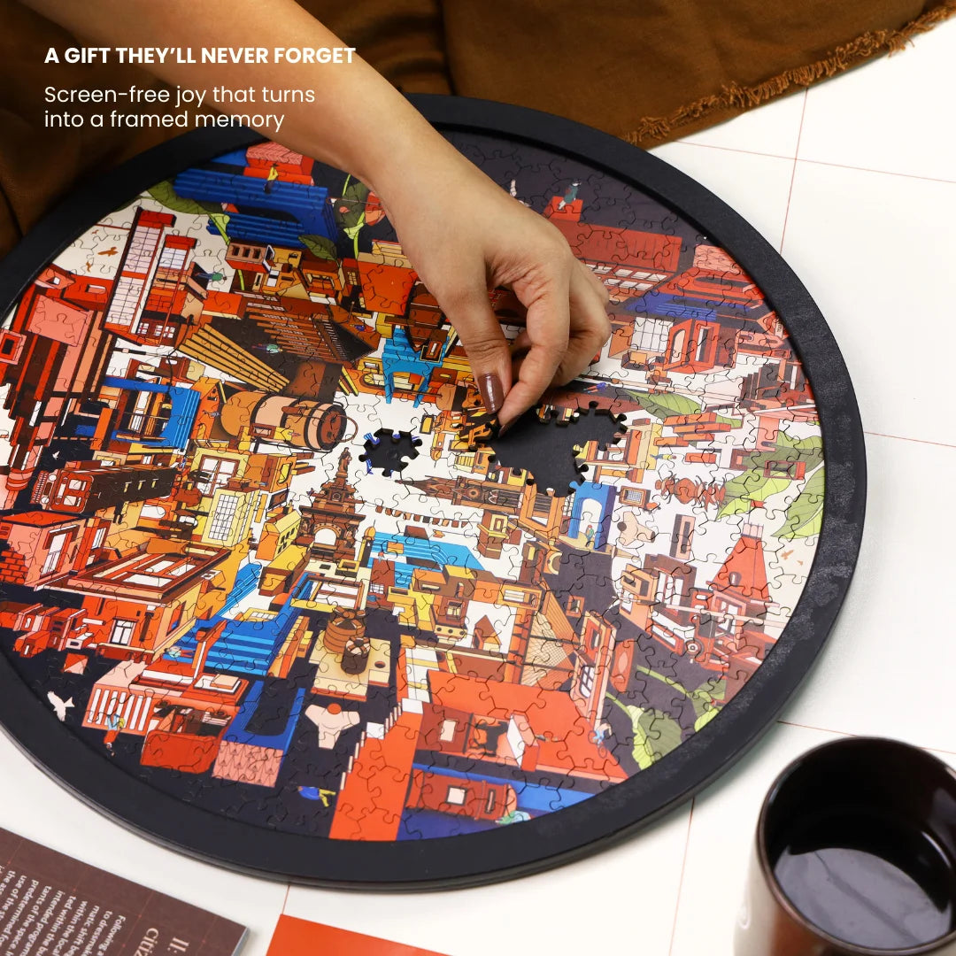 Assembling a colourful Mumbai-inspired jigsaw puzzle - perfect for mindful quality time