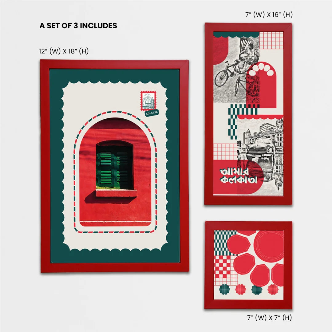 Set of 3 art prints in red & green accents | home decorative items