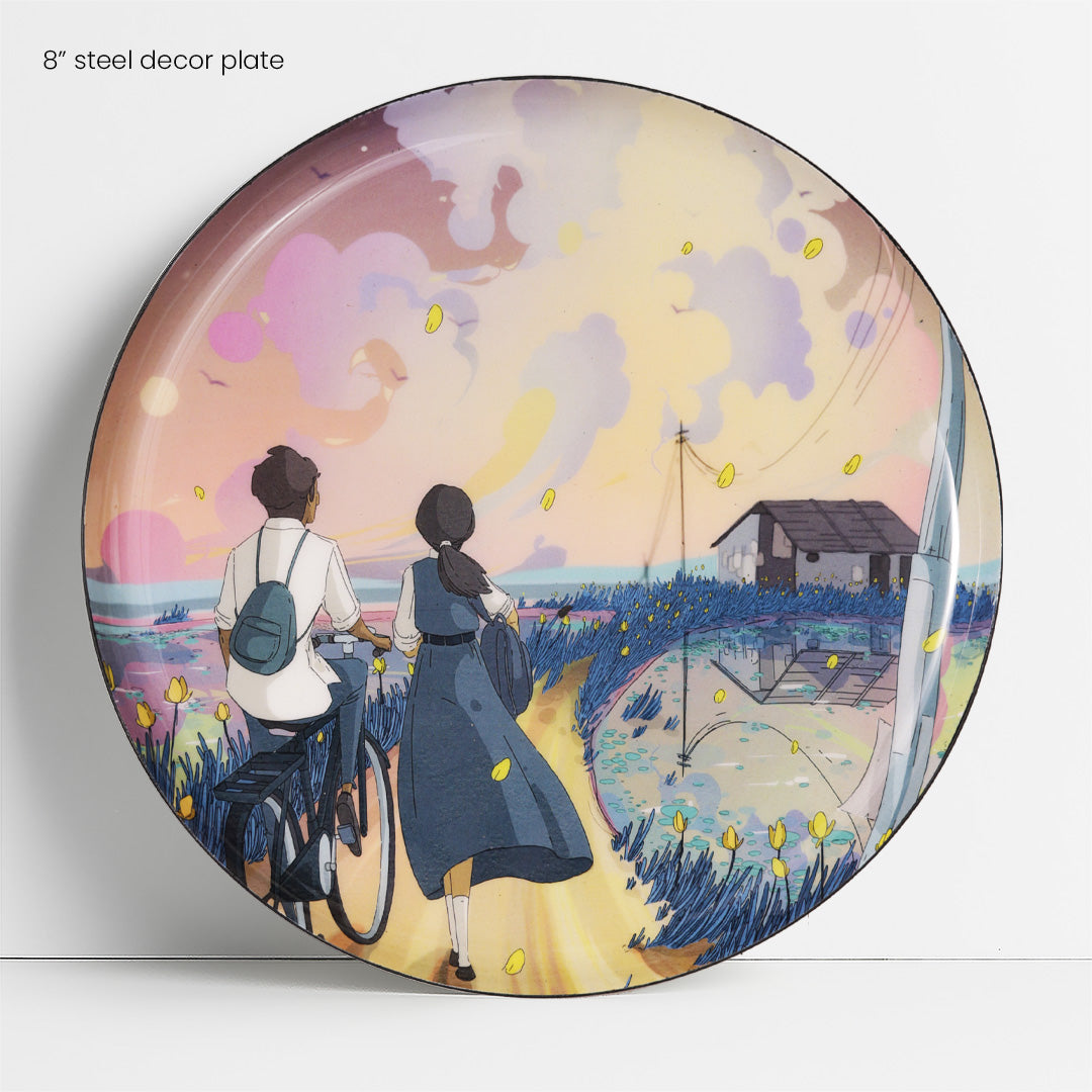 Close up of 8 inch decor plate of girl & boy walking home from school | home decorative items