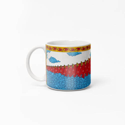 A mug featuring the Hirakud Dam in red and blue | Ceramic Mugs