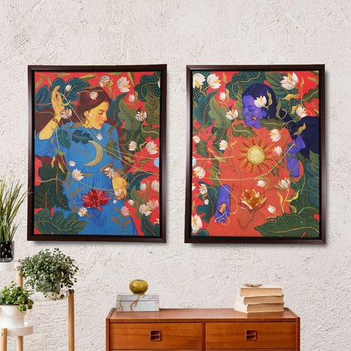 Both canvases against a white wall | home decor goods