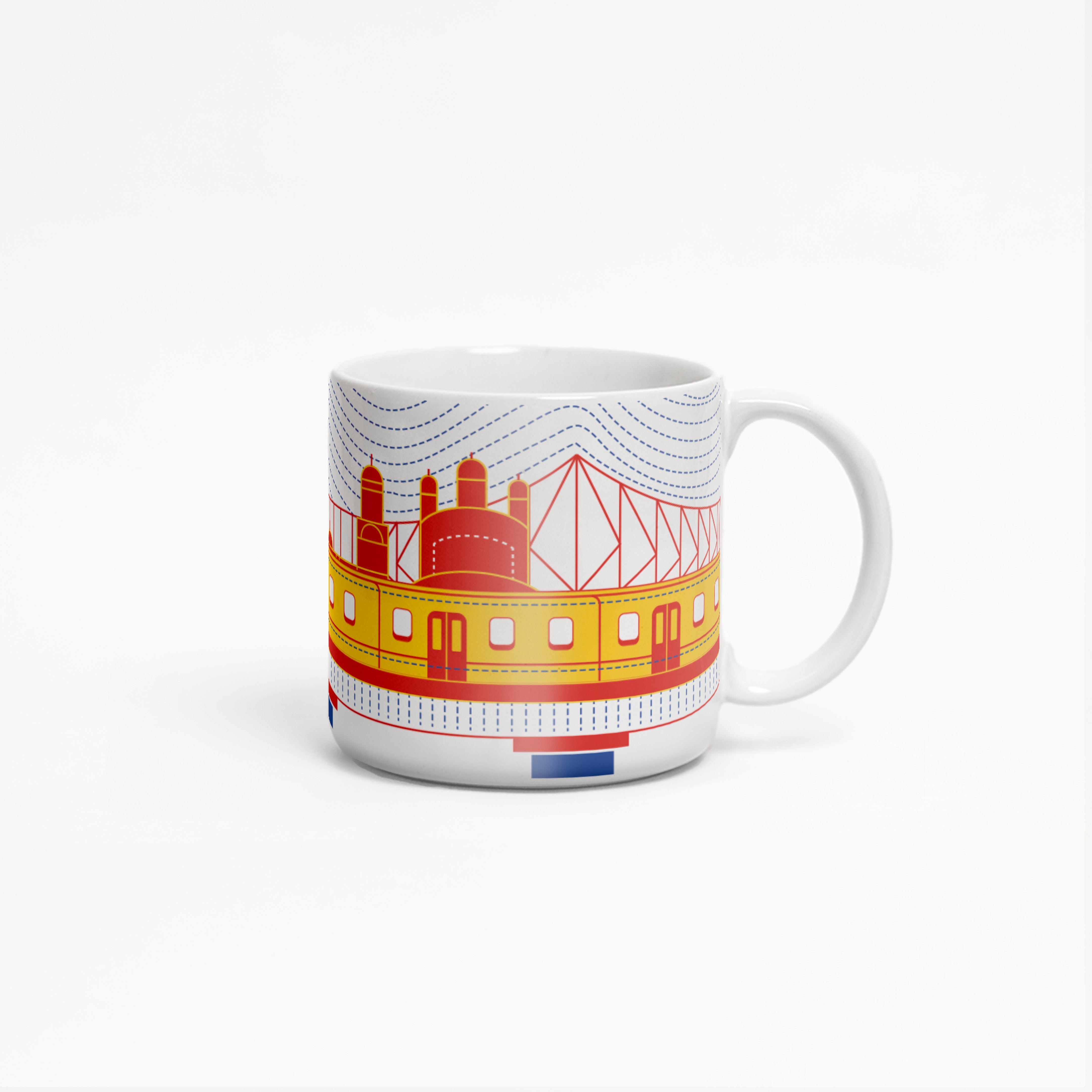 A Ceramic mug featuring Kolkata metro in yellow against an outline of the Howrah bridge | ceramic mugs